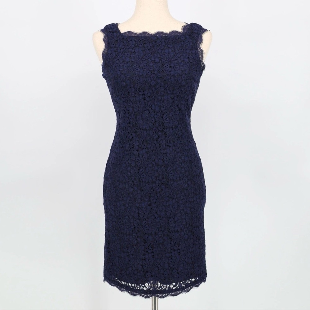 Adrianna Papell Navy Blue Lace Sheath Dress Size 8